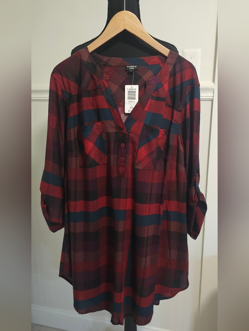 Torrid Red Green Black Plaid Henley Tunic Blouse 2X NWT